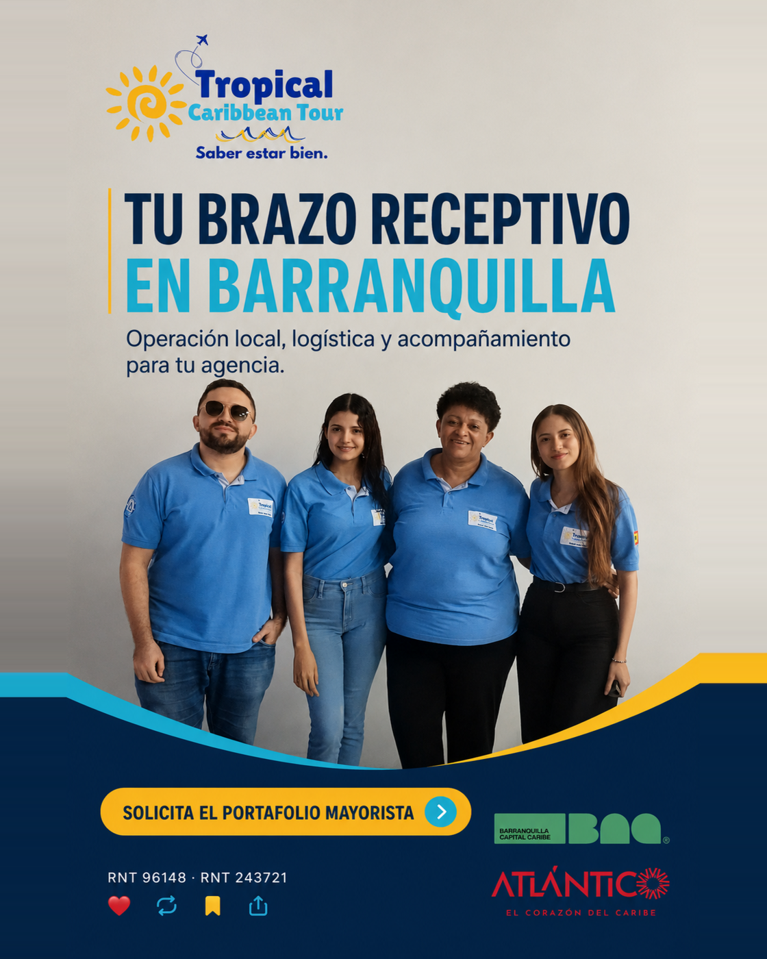 Equipo de Tropical Caribbean Tour con uniformes azules